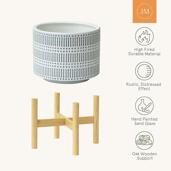 LA JOLIE MUSE Ceramic Plant Pot with Wood Stand - 7.3 Inch Modern Round Decorative Flower Pot Indoor with Wood Planter Holder, Slate Blue and White-VerdiqueGarden