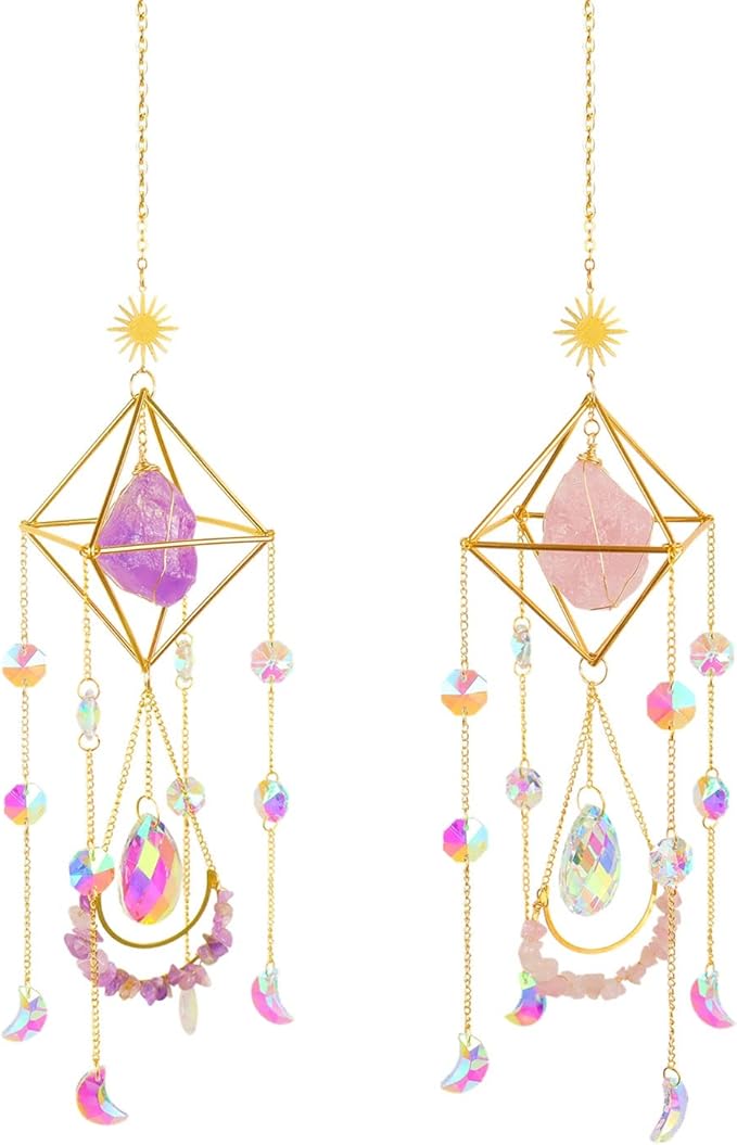 Suncatcher Amethyst Crystal Boho Decor, Spiritual, Purple Gemstone Sun Catcher Hanging for Windows, Rainbow Maker, Crystal Boho Hanging, Natural Stone (Amethsyt)-VerdiqueGarden