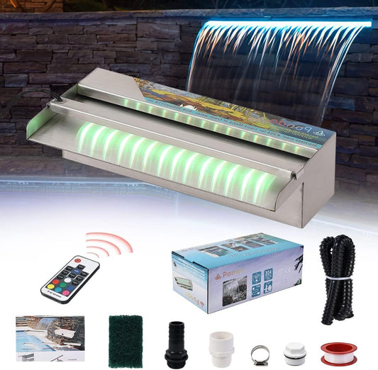 PONDO Pool Fountain, Stainless Steel Waterfall Spillway with Wider Water Flow Platform, Multi-Color LED Light & Spillway Cleaning Kit for Garden Outdoor Decoration (12 inch)-VerdiqueGarden