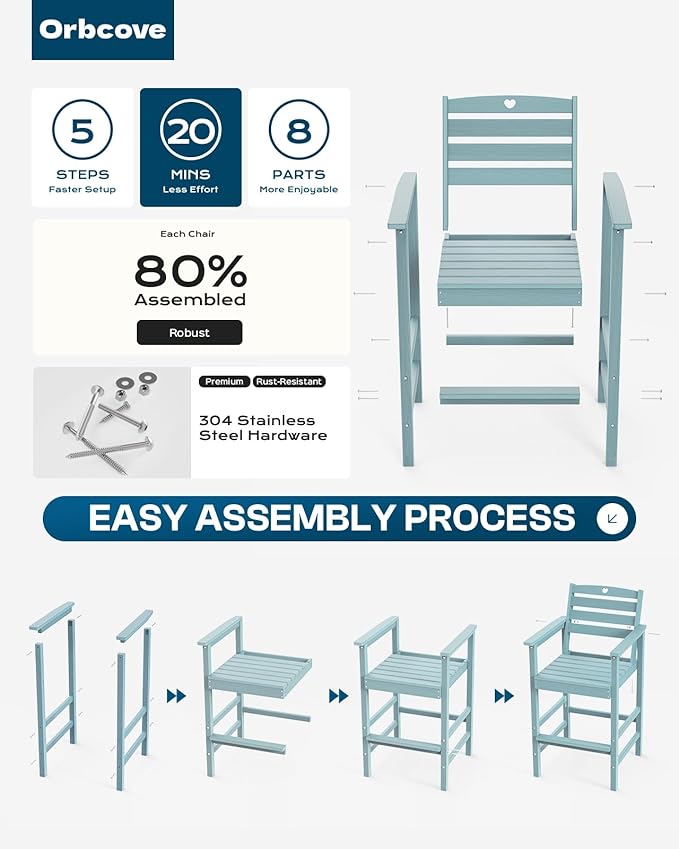 3-Piece Bar Height Outdoor Table and Chairs Set, HDPE Wood Grain Patio Bar Table and Chairs with Heart Cutout Design, Weather-Resistant Bar Height Furniture for Deck, Porch, Pool (Light Blue)-VerdiqueGarden