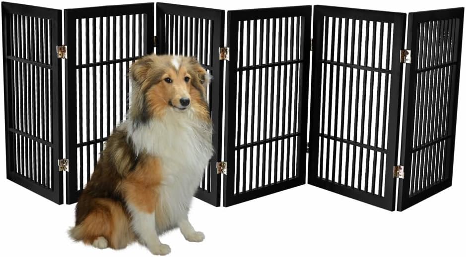 Pet Dog Gate Strong and Durable Freestanding Folding Acacia Hardwood Portable Wooden Fence Indoors or Outdoors by Urnporium (Black Pet Gate, 6 Panel 30" Tall)-VerdiqueGarden