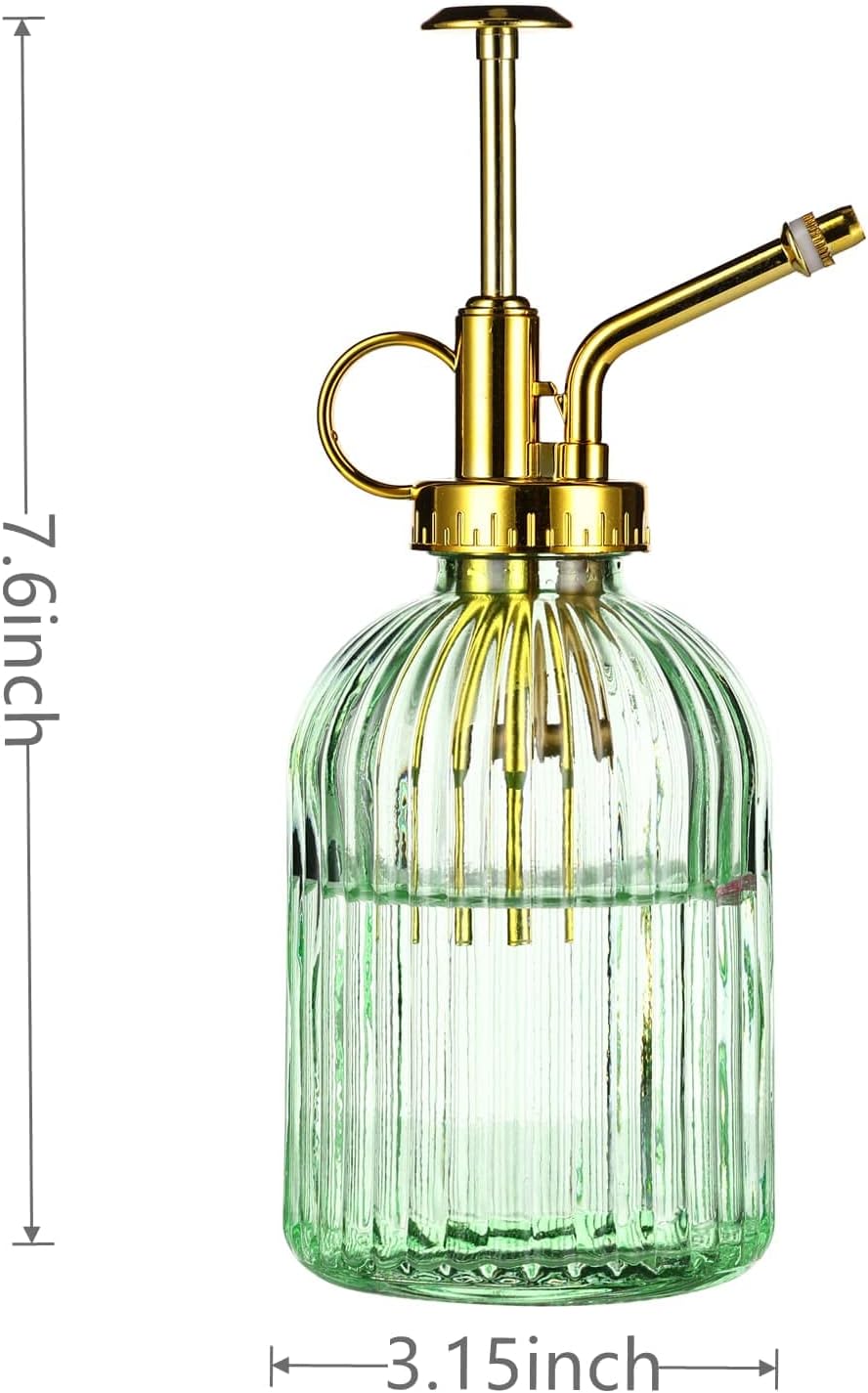 Glass Plant Mister Spray Bottle, 7.5" Green Glass Water Spray Bottle with Gold Top Pump Small Watering Can, Small Plant Sprayer Mister for Indoor Outdoor House,(Green+Gold E)-VerdiqueGarden