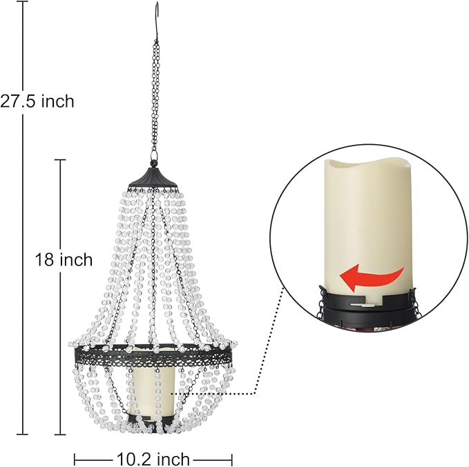 Hanging Candle Lantern, 27” Battery Operated Modern Clear Acrylic Crystal Chandeliers with Flickering Yellow Led Candle Light S Hooks for Garden, Backyard, Gazebo, Room Indoor Outdoor Decor-VerdiqueGarden