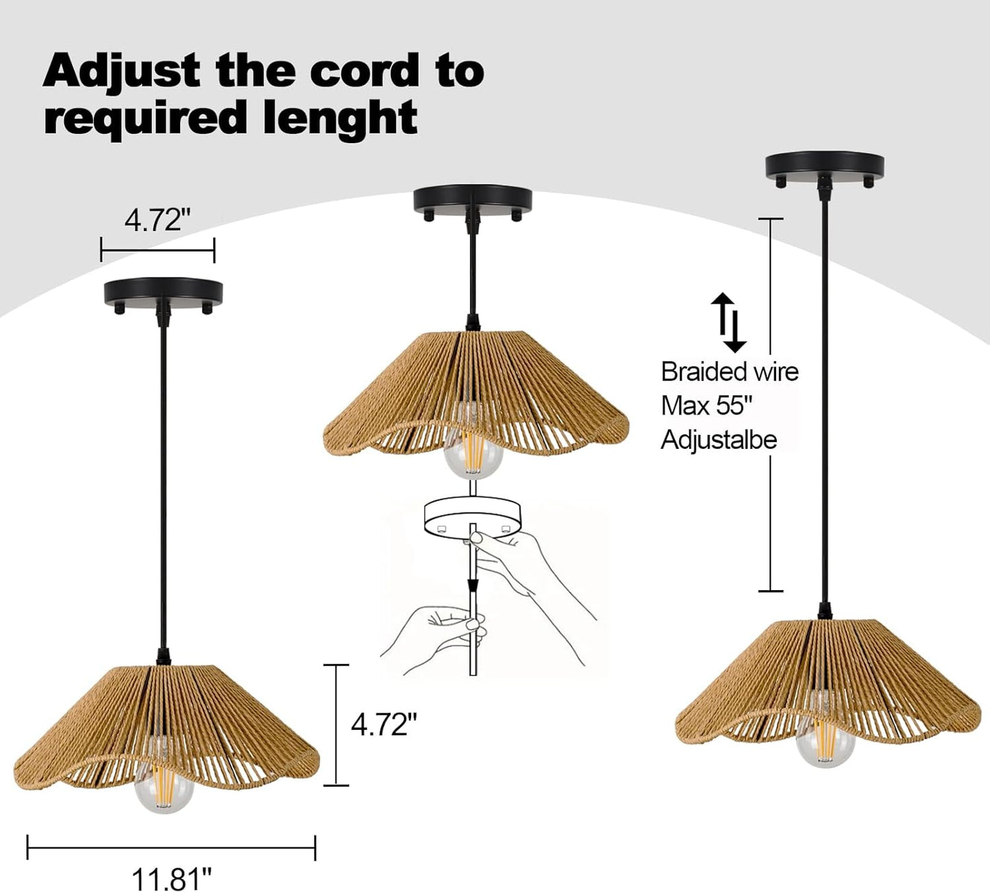 TERLEENART Hard Wired Rattan Pendant Lights Set of 2,Kitchen Island Pendant Lights with 12” Flower Shade,Boho Handwoven Paper Rope Rattan Ceiling Light for Living Room Dining Room Restaurant Foryer-VerdiqueGarden