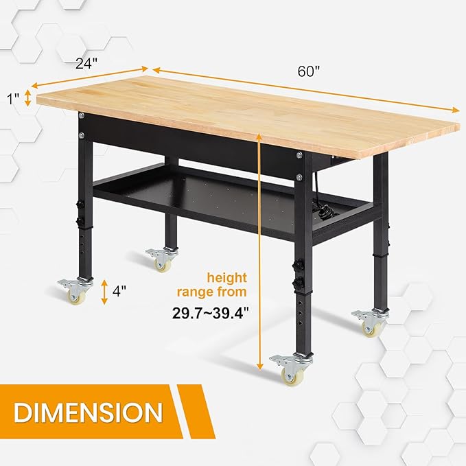 48"/60'' Adjustable Workbench, Rubber Wood Top Work Bench Heavy-Duty Work Table with Power Outlet, Wheels, Partition 2000 LBS Load Capacity Hardwood Work Benches for Garage, Workshop, Home, Office-VerdiqueGarden