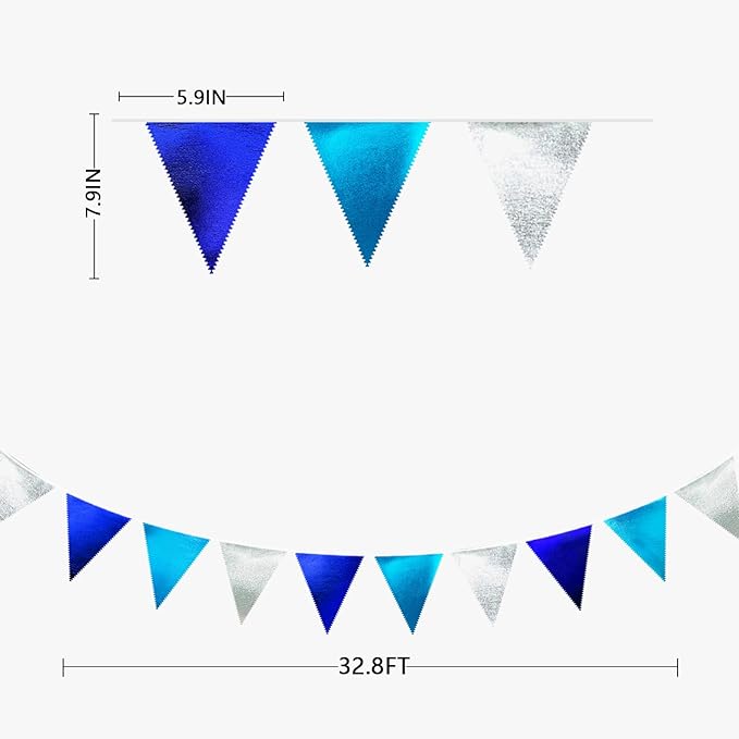 Navy Blue Silver Party Decorations Metallic Fabric Triangle Pennant Banner Flag Bunting Garland for Graduation Birthday Retirement Wedding Bachelorette Nautical Ahoy Achor Outdoor Party Supplies-VerdiqueGarden