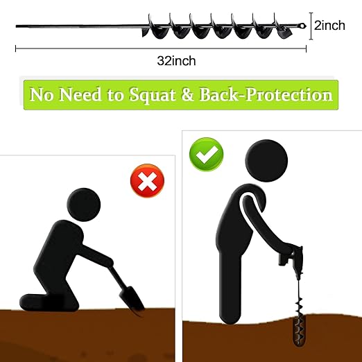 TCBWFY 2x32 Inch Auger Drill Bit for Planting - Long Handle Easy Planter Garden Auger - Bulb & Bedding Plant Augers - Post Hole Digger for 3/8”Hex Drive-VerdiqueGarden