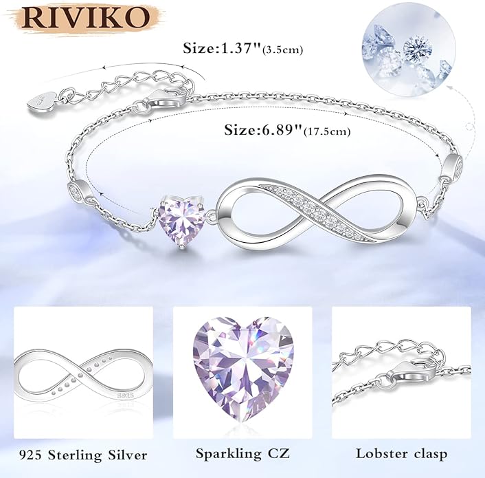 RIVIKO Infinity Love Heart Symbol Charm Bracelet for Women 925 Sterling Silver Adjustable Birthday Valentine’s Day Christmas Mothers Day Jewelry Gift for Mom Women Wife Her Friends