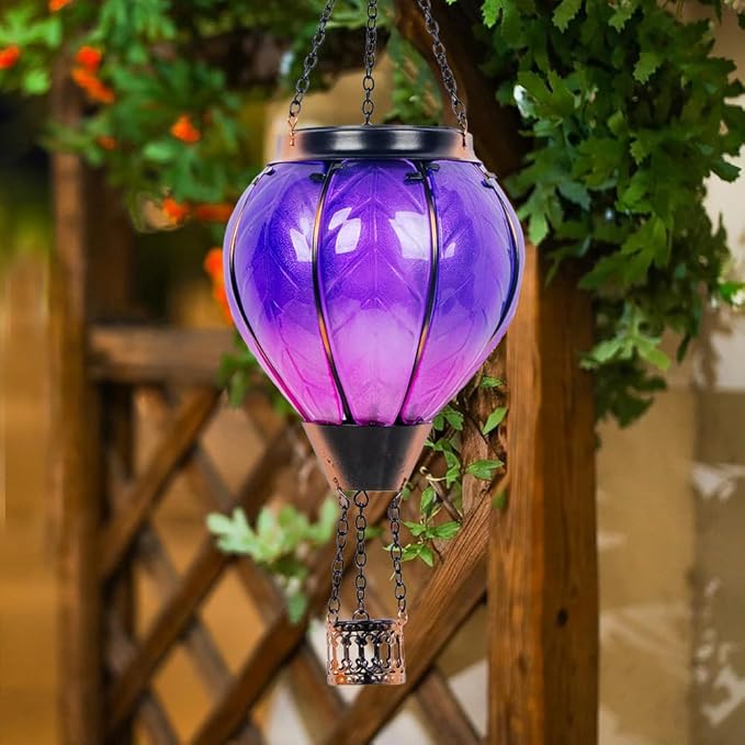 Starsoul Purple Hot Air Balloon Solar Lantern with Flickering Flame Light Glass Solar Powered Hot Air Balloon Lamp Waterproof Hanging Hot Air Balloon Led Lights-VerdiqueGarden