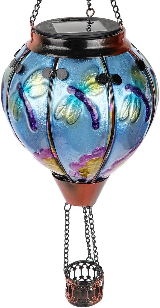 Hot Air Balloon Solar Lantern with Flickering Flame, Glass Hanging Garden Lights Outdoor Waterproof for Tree Yard Patio Mother's Day Gift, 18" H Dragonfly-VerdiqueGarden