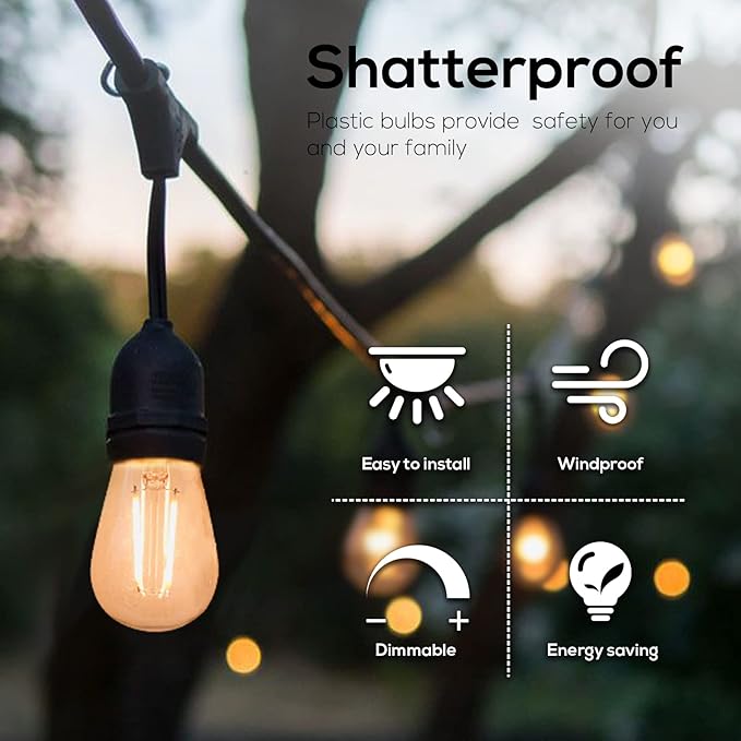 Banord 15 Pack Dimmable 2W S14 Replacement LED Bulbs, 2700K Warm White Waterproof Outdoor String Lights Vintage LED Filament Bulb, Shatterproof E26 Screw Base Edison Light Bulbs-VerdiqueGarden