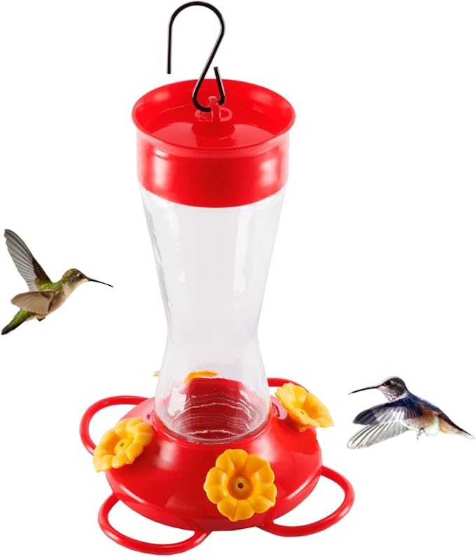Nature's Rhythm Bird Feeder 4 bee Guard Plastic Yellow Flowers Feeding Port 8oz Glass Pinch Waist Hummingbird Feeder (1Pcs)-VerdiqueGarden