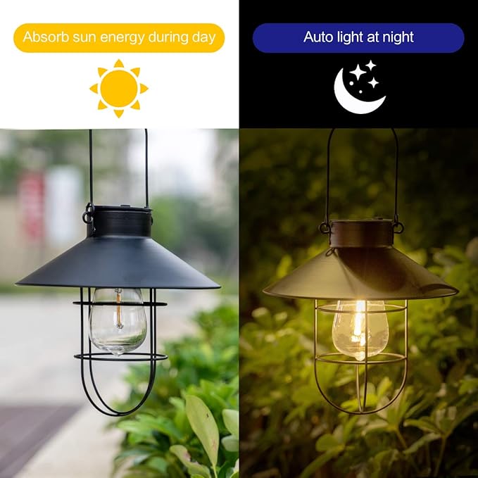 HUYIENO 2Pack Solar Metal Hanging Lantern with Shepherd Hook Outdoor Led Garden Lights Black-VerdiqueGarden