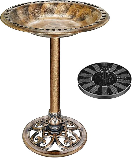 VIVOHOME Polyresin Antique Outdoor Golden Garden Bird Bath and Solar Powered Round Pond Fountain Combo Set-VerdiqueGarden