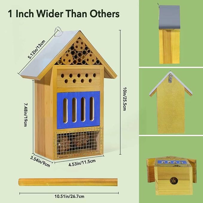 Wooden Butterfly House & Bee House for The Garden, Durable Bug Hotel W/Wooden Stake and Iron Roof, Insect Habitat On The Ground Or Hanging On The Tree, for Butterfly, Bee, Ladybug, Bug-VerdiqueGarden
