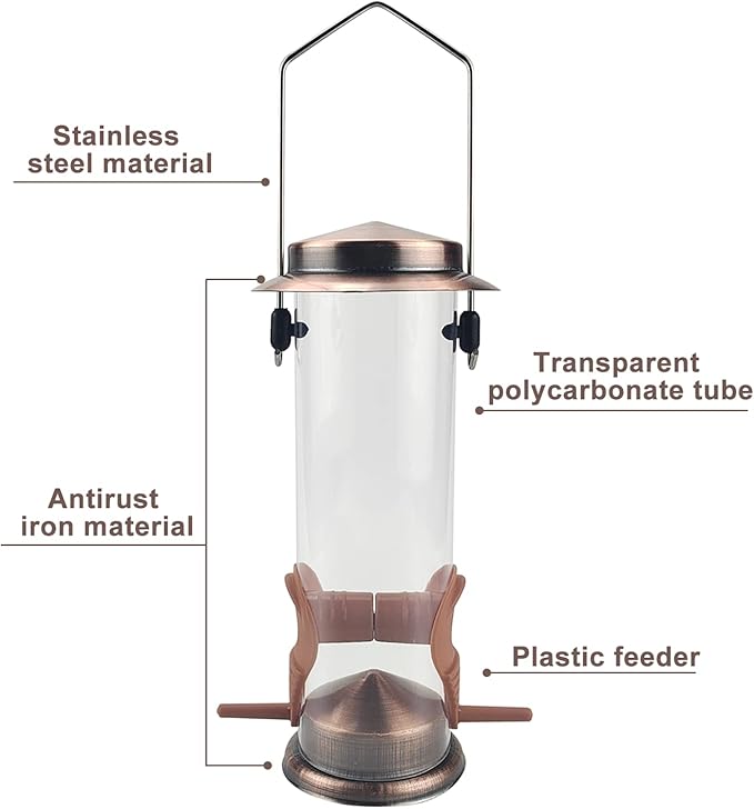 MIXXIDEA Wild Bird Feeders for Outdoors Hanging 2 Pack Stainless Steel Tube Bird Feeder, Water Resistant Finch Bird Feeder for Garden Backyard Decoration Attractive Metal Thistle Feeder (Copper)-VerdiqueGarden