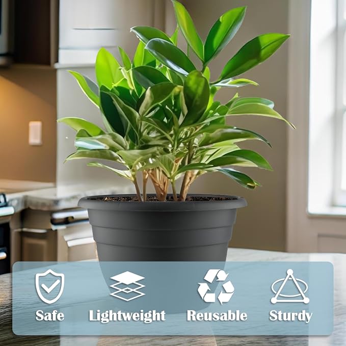 11 Inch Plant Pots, 3 Pack Planters for Indoor Ourdoor Plants, Round Plastic Flower Pots, Large Planters with Drainage Hole and Plug, Gray-VerdiqueGarden