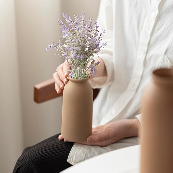 Ceramic Vase Set-3, Small Flower Vases for Decor, Modern Boho Farmhouse Style, Decorative Vases for Pampas Grass & Dried Flowers, Distressed Finish (Earth Tone)-VerdiqueGarden