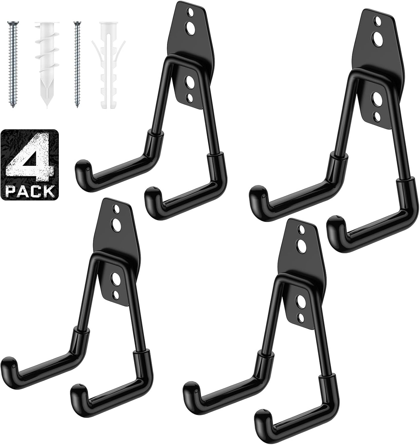 Utility Steel Wall Mount Heavy Duty Garage Hooks with Anti-Slip Coating,Storage More Yard,Garden and Power Tools and for Hanging Hose,Ladder and Bike(4 Pack 4.5x2.75 inch)-VerdiqueGarden