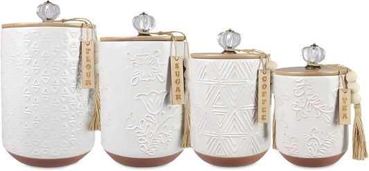 Youngs 21207 Ceramic Canister with Wood Lid and Silicon Seal, Crystal Knob and Blessing Bead Tassel Accent, 4-piece Set-VerdiqueGarden