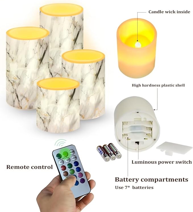 Flameless LED Battery Candles 4 PCS Pillar Candles with 18-Key Timer Remote Control Colorful Lights for Table Centerpiece Home Indoor Wedding Decoration, White Grey Marble-VerdiqueGarden