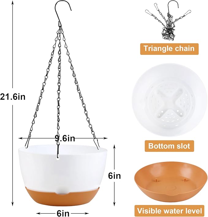 10 inch Hanging Planters Self Watering Pots for Indoor Plants, 3 Pack Plastic Hanging Basket with Removable Tray for Home Garden Porch Balcony Patio Decor (White)-VerdiqueGarden
