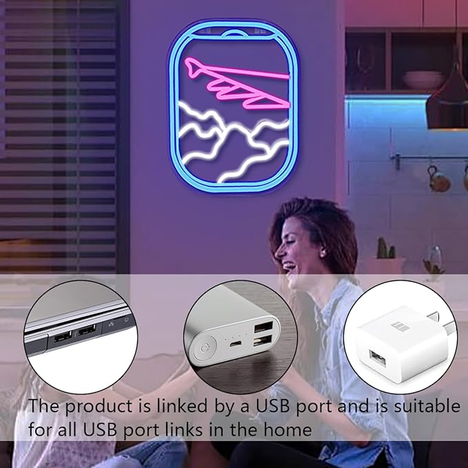 WLHOPE Airplane Window View Neon Signs Blue Pink LED Neon Sign for Wall Decor, USB Plane Window Clouds Neon Light Up Signs for Bedroom Living Room Game Room Office Shop Airport Wall Art Decor-VerdiqueGarden