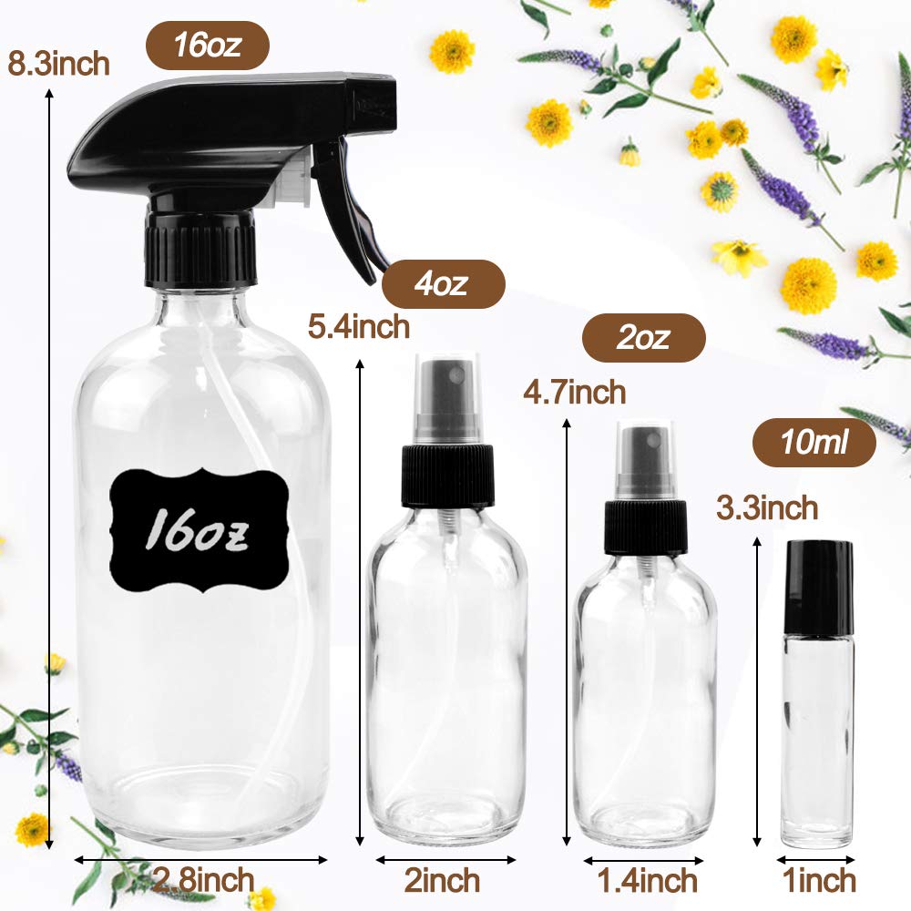 Glass Spray Bottle Kit×10 (2×16 oz, 2×4 oz, 6×2 oz), 9×10 ml Roller Bottles, Anti UV, Multi Size and Versatile, Suitable for Aromatherapy, Facial Moisturizing, Watering, etc.(Clear)-VerdiqueGarden