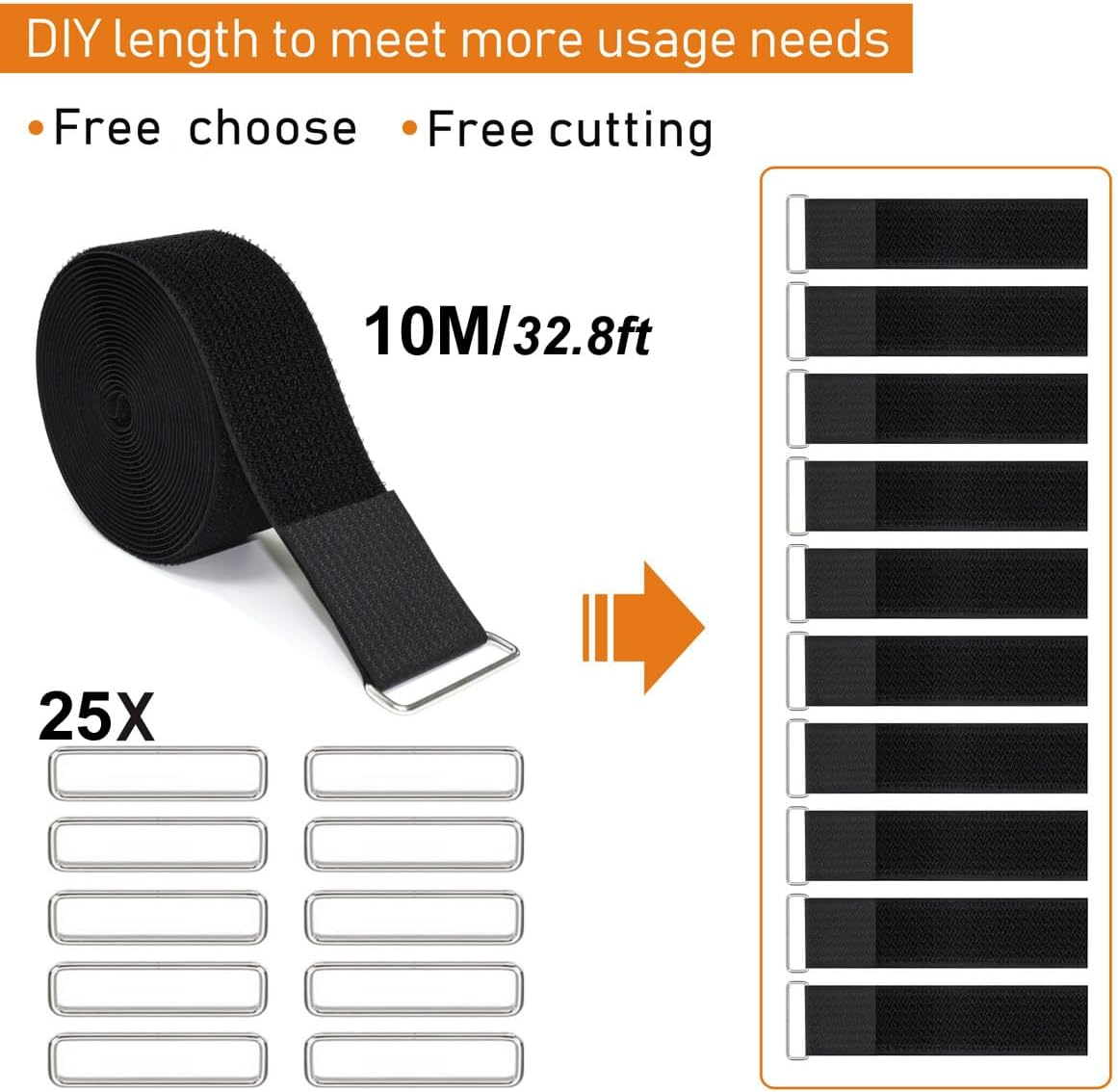 2" x32ft Reusable Cinch Strap with 20 Metal Buckles, Cut-to-Length Fastening Securing Straps, Adjustable Nylon Cable Straps and Cord Ties for Organizer or Storage, 2 inch Wide, Black-VerdiqueGarden