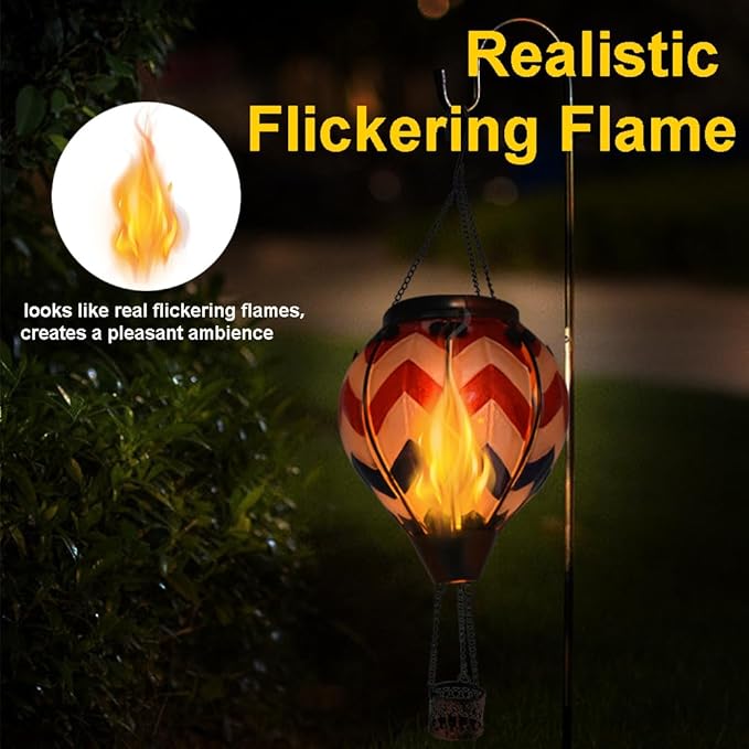 Hot Air Balloon Solar Lantern with Flickering Flame, Glass Hanging Garden Lights Outdoor Waterproof for Tree Yard Patio Mother's Day Gift, 18" H Wavy-Blue Red White-VerdiqueGarden