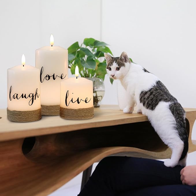 Battery Operated Flameless Flickering Candles with Remote Timer, LED Real Wax Pillar Candlesticks with Realistic 3D Wick, Set of 3 Live Laugh Love Home Decor(D3xH4 5" 6")-VerdiqueGarden