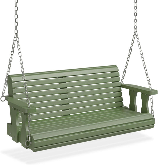 VINGLI Upgraded Patio Wooden Porch Swing for Courtyard & Garden, Heavy Duty 880 LBS Swing Chair Bench with Hanging Chains for Outdoors (Green, 4 FT)-VerdiqueGarden