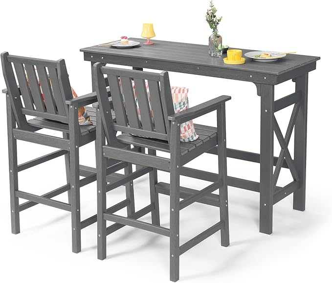 3 Pieces HDPE Outdoor Patio Bar Set, Rectangular Bar Height Table and Chairs Set, Patio Bar Stools Set, HDPE Outdoor Bar Table and Chairs Set for Balcony, Poolside, Porch, Smoke Gray-VerdiqueGarden