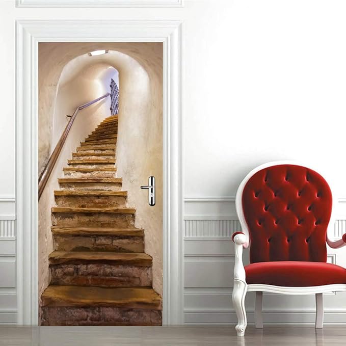3D Staircase Door Mural - Waterproof & Washable - Matt Finish - Realistic - White - 31.5" x 78.7" (2 Parts)-VerdiqueGarden