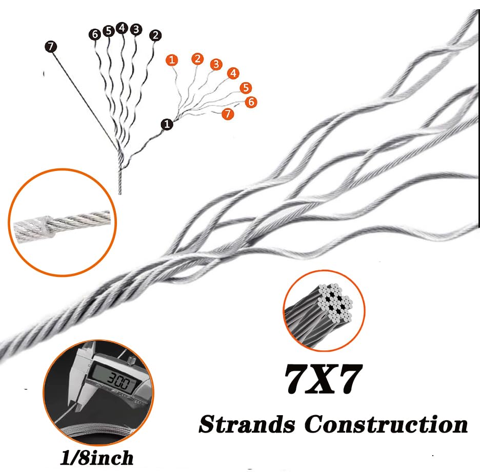 1/8" Wire Rope Kit with M5 Turnbuckles - 164FT Vinyl Coated Stainless Steel Cable, 7x7 Braided Strands Aircraft Cable for Climbing Plants, Outdoor String Lights Hanging-VerdiqueGarden