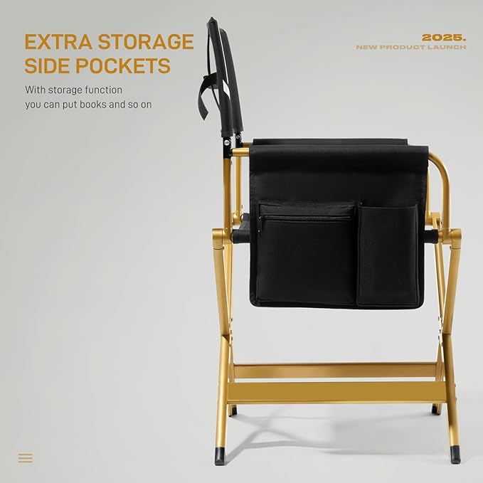 EVER ADVANCED Aluminum Directors Chair, Folding Studio Movie Chairs Camping Event Vendor Chair, 19" Seat Height Black Fabric/Golden Frame, Support 350lbs-VerdiqueGarden