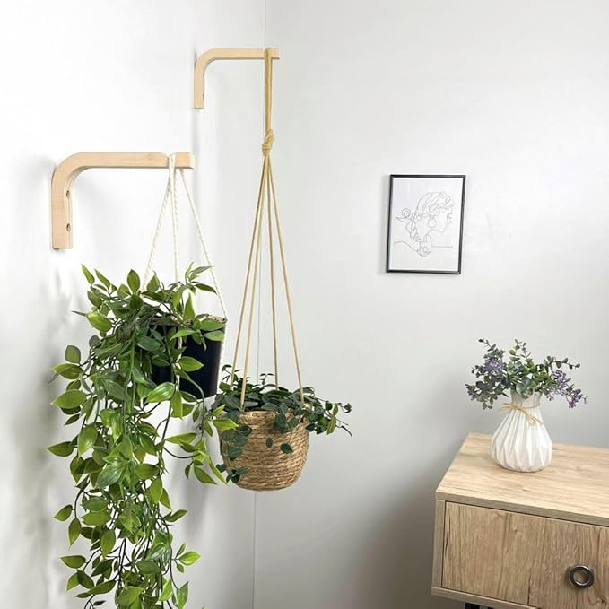 2-Piece Set of Plant Hooks for Wall 6 inch - Mounted Wooden Plant Hook - Indoor and Outdoor Bracket Plant Hanger for Planters, Lanterns, Bird Feeders, Patio Decorations (Natural)-VerdiqueGarden