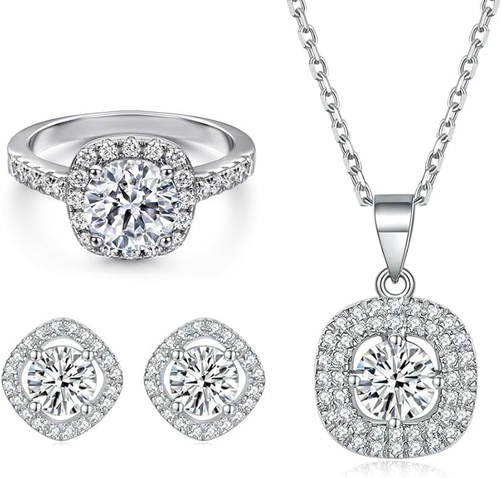 14K Gold White Moissanite Earrings Necklace Gemstone Ring Set, Women's Luxury Three-Piece Jewelry Set, Classic White Diamond-Inspired Design for Formal Events
