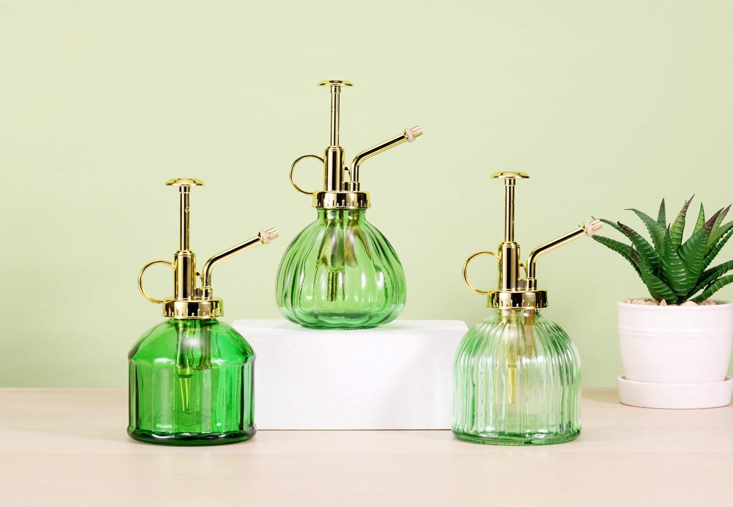 Glass Plant Mister Spray Bottle, 6.5" Green Glass Water Spray Bottle with Gold Top Pump Small Watering Can, Small Plant Sprayer Mister for Indoor Outdoor House (Green+Gold A)-VerdiqueGarden