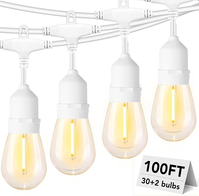 SUFEIMAS 100FT White Outdoor String Lights,IP65 Waterproof 30+2 Plastic LED Bulbs 2700K White Patio String Lights for Outside Porch, Pergola, Backyard, Bistro, Garden,Wedding Lights-VerdiqueGarden