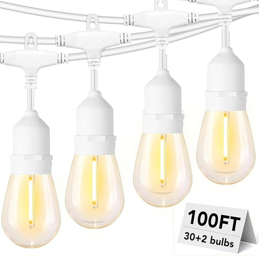 SUFEIMAS 100FT White Outdoor String Lights,IP65 Waterproof 30+2 Plastic LED Bulbs 2700K White Patio String Lights for Outside Porch, Pergola, Backyard, Bistro, Garden,Wedding Lights-VerdiqueGarden