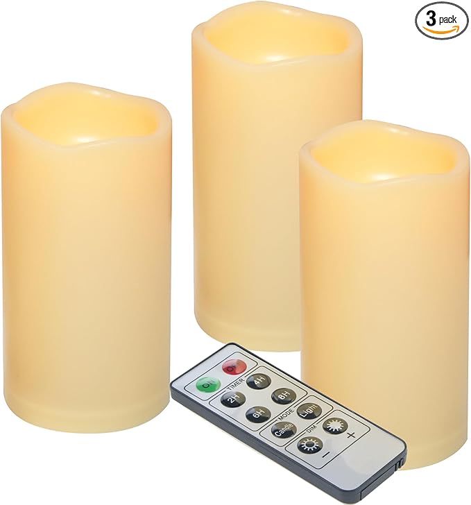 iZAN 3-Pack Outdoor Flameless LED Battery Operated Candles with Remote Waterproof Flickering Electric Pillar Candles for Halloween Chirstmas Home Wedding Party Festival Décor Long Battery Life 3”x6”-VerdiqueGarden