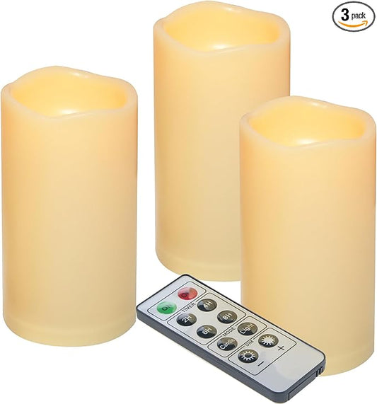 iZAN 3-Pack Outdoor Flameless LED Battery Operated Candles with Remote Waterproof Flickering Electric Pillar Candles for Halloween Chirstmas Home Wedding Party Festival Décor Long Battery Life 3”x6”-VerdiqueGarden