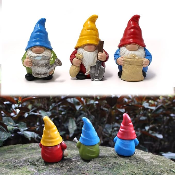Set of 3 Mini Garden Gnome Statues - Resin Figurines for Indoor and Outdoor Decoration - Whimsical Mini Ornaments for Home, Patio, Yard, and Garden Decor-VerdiqueGarden