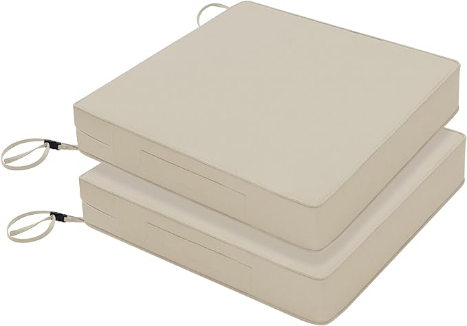 Favoyard Patio Chair Cushions 22 x 22 x 3 Inch Waterproof Outdoor Seat Cushions for Patio Furniture 3-Year Color Fastness Garden Sofa Couch Chair Pads with Handle & Adjustable Straps Set of 2, Beige-VerdiqueGarden