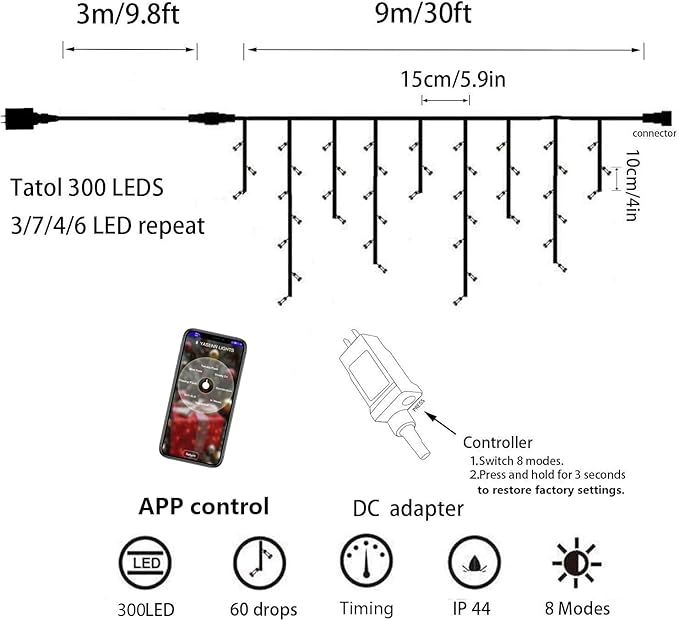 YASENN Bluetooth APP Icicle Lights LED Christmas String Light Icicle Style 300 LED 30ft Fairy Lights 60 Drops Icicle Lights for Indoor Outdoor Decorations(Warm White)-VerdiqueGarden
