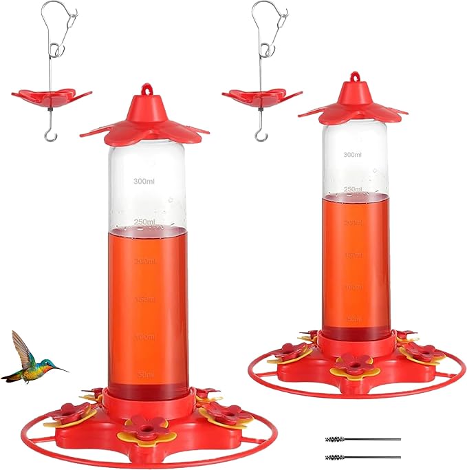 Hummingbird Feeders for Outdoors Hanging (2 Pack) 5 Feeding Ports 320 ml Plastic Hummingbird Feeder, Bee-Proof Leak-Proof No Drip, Easy to Clean with Cleaning Brush-VerdiqueGarden