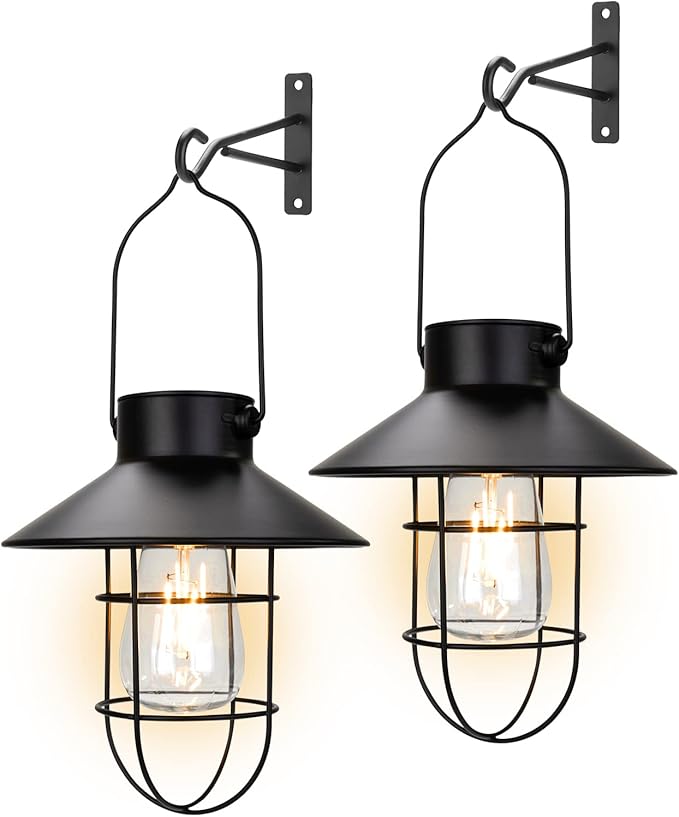 pearlstar Solar Lanterns Outdoor Metal Solar Powered Hanging Lights Waterproof for Wall Barn Yard Garden Patio Garage Balcony Porch Fence Decor, Warm White Edison Bulb (Black-2pack)-VerdiqueGarden