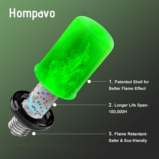 Hompavo 【Upgraded】 LED Flame Light Bulbs, Green Flickering Light Bulbs with Upside Down Effect, E26 Flame Bulb for Home Halloween St. Patrick's Day Christmas Decorations Indoor & Outdoor, 2 Pack-VerdiqueGarden