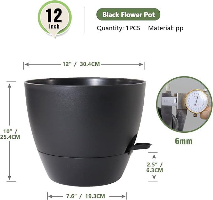 12 inch Large Self Watering Pots for Indoor Outdoor Plants, Flower Plant Pots with Mesh Drainage Holes for Garden House, Plastic Planters with Reservoir for Home Decor, Black-VerdiqueGarden